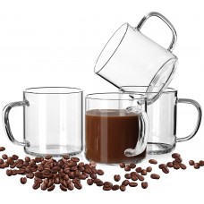 Intexca Glass Coffee Mugs Set of 4,Large Wide Mouth Mocha Hot Beverage Mugs (14oz),Clear Espresso Cups with Handle,Lead-Free Drinking Glassware,Perfect for Latte,Cappuccino,Hot Chocolate,Tea and Juice